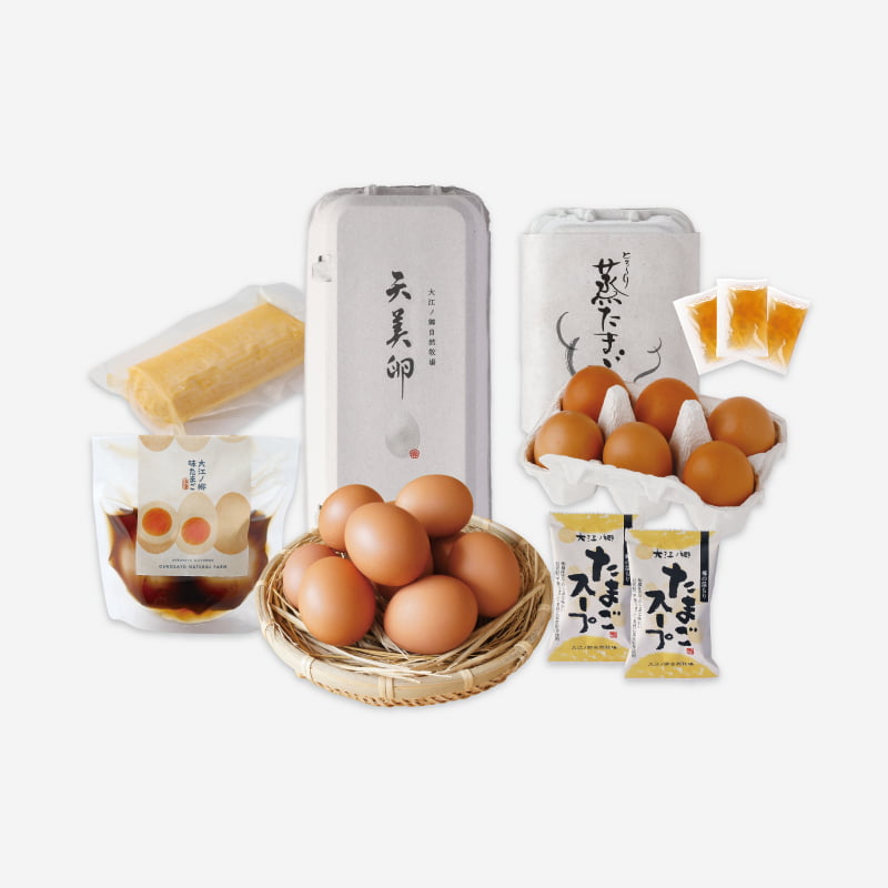 味たまごや蒸たまご、たまごスープに、セット限定のだし巻きのミニサイズまで入った天美卵をたっぷり楽しむ詰め合わせ。