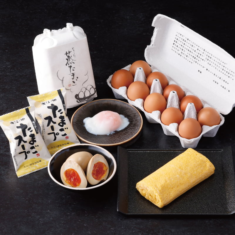 特製の漬けだれが染みた味たまごにだし巻き、たまごスープや蒸たまごなど天美卵を味わう詰め合わせ。