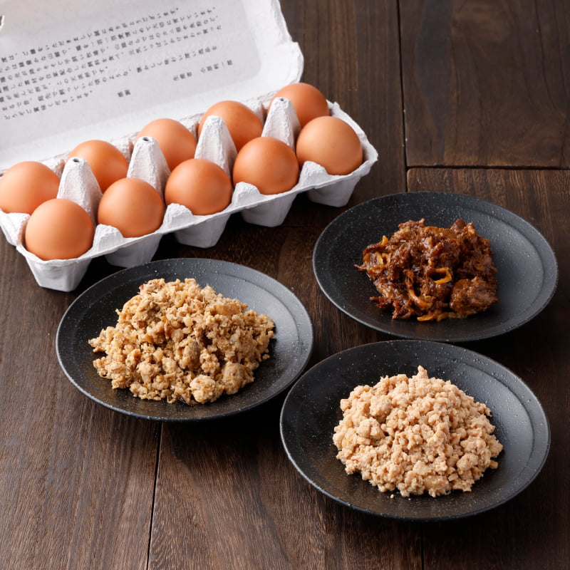 ぷっくり濃厚な「天美卵」と、素材にこだわったおかず3種を詰め合わせた、贅沢なセット。