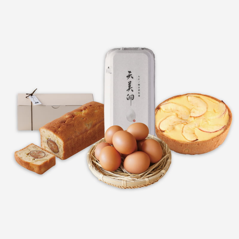 りんごのチーズタルトと和栗のパウンドケーキ、2つの季節限定スイーツと天美卵をセットで。