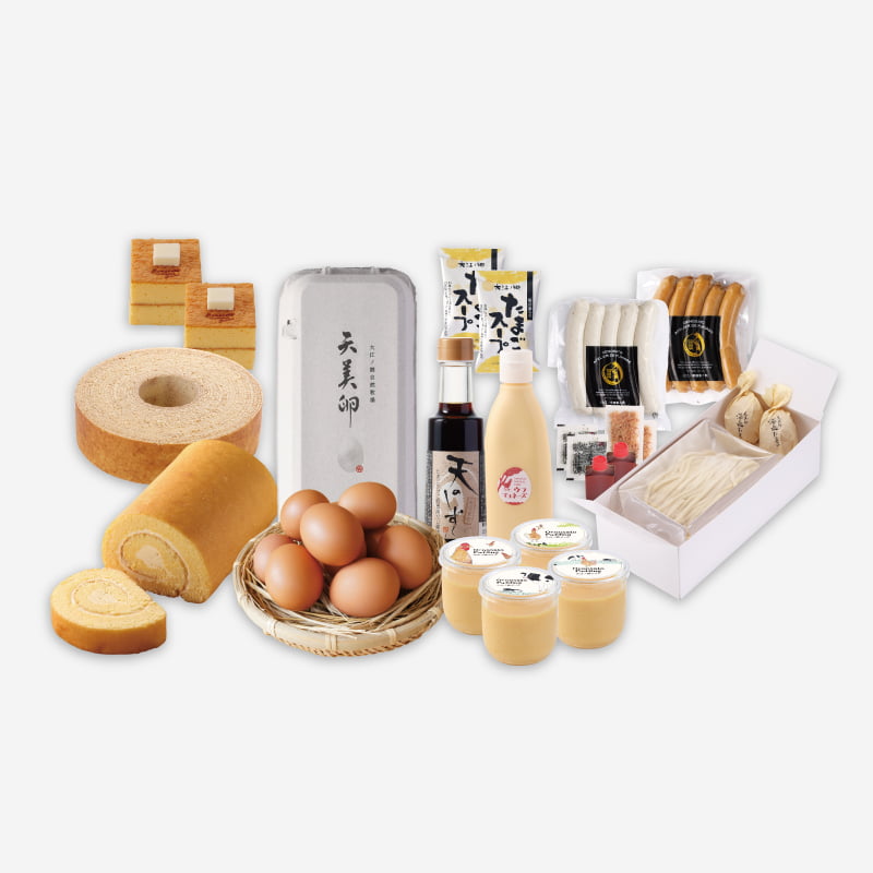 朝採れ新鮮な天美卵をはじめ、うどんや自家製の燻製商品、定番の人気スイーツなどおすすめ商品を詰め合わせました。 ご自宅用にもご進物にもオススメのセットです。