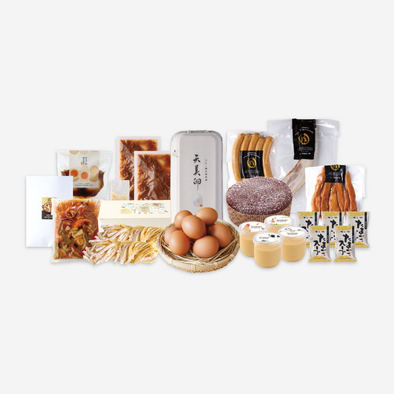 天美卵をはじめ、パスタや自家製の燻製商品、定番の人気スイーツなどおすすめ商品を詰め合わせ。