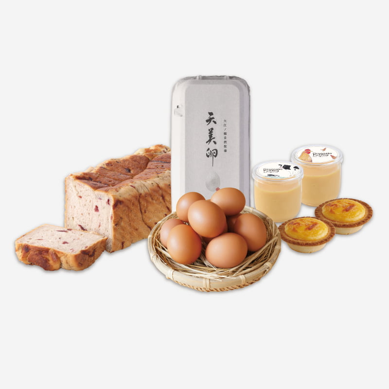 春限定の桜の白あん食パンと大江ノ郷自然牧場で人気のぷりんとタルト、朝採れ新鮮な天美卵を詰め合わせた送料込みセット