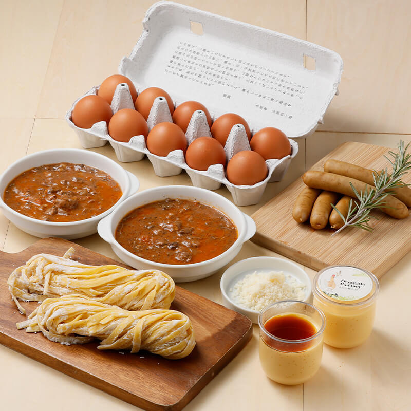 お肉たっぷりのミートソースパスタに、デザートのぷりんも楽しめるバラエティセット。