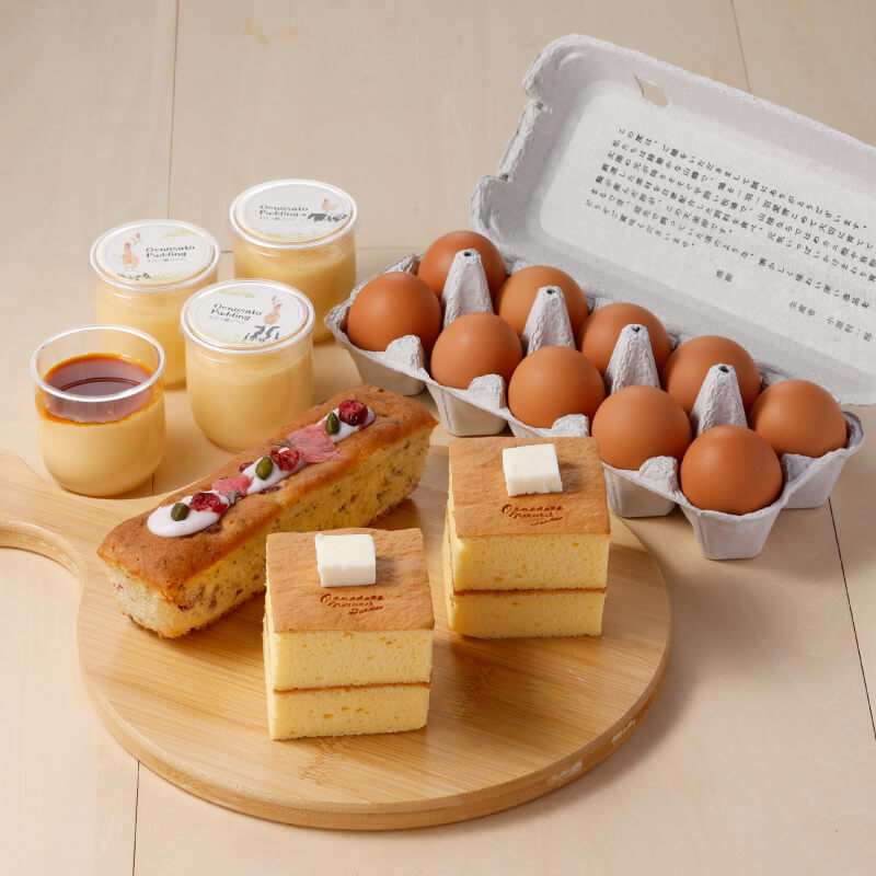 さくらのミニパウンドケーキや大江ノ郷自然牧場で人気のぷりん、パンケーキのケーキ、朝採れ新鮮な天美卵を詰め合わせ。