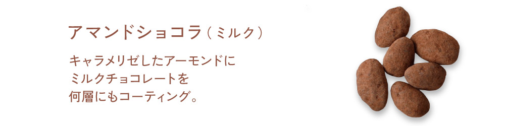 【アマンドショコラ（ミルク）】キャラメリゼしたアーモンドにミルクチョコレートを何層にもコーティング。